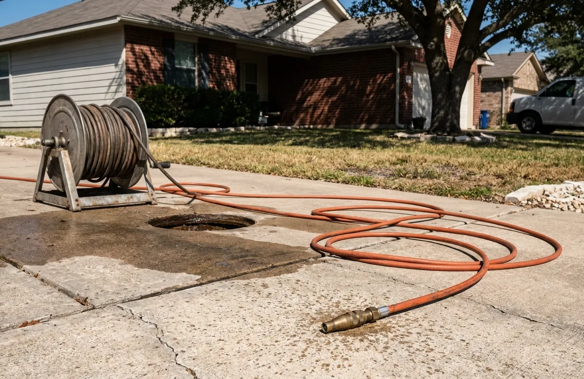A jetting hose reel and nozzle head laid out beside an open sewer cleanout on a residential driveway