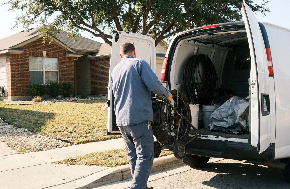 A drain technician loading a sectional cable machine back into a work van outside a single-storey Texas house on a bright morning