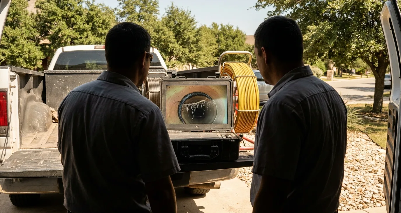 You watch the camera survey on the screen with us, and keep the recording A drain inspection monitor showing fine roots entering a sewer pipe through an opened joint, the screen watched from behind