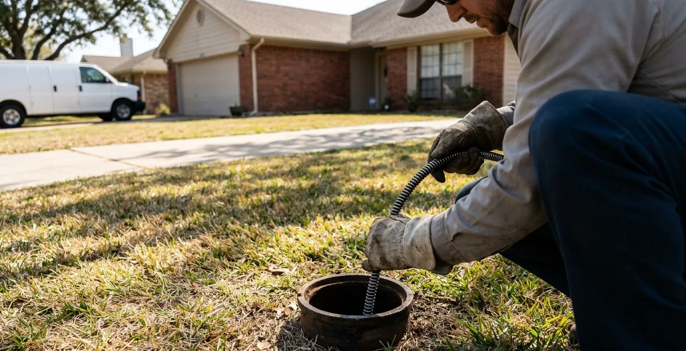 Main line work runs through the exterior cleanout wherever there is one A technician crouched at an open sewer cleanout in a Kyle front yard, guiding a cable into the line by hand
