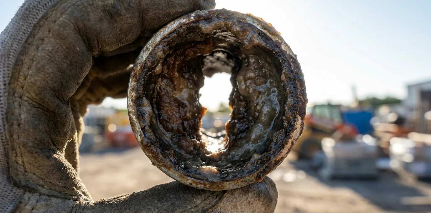 Hard water and cooking fat narrow a kitchen line year after year A cut section of old kitchen waste pipe held up to the light, its opening reduced to a narrow channel by a thick ring of hardened grease