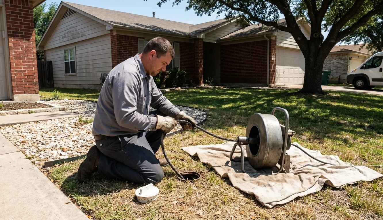 A drain technician feeding a sectional cable machine into a cleanout beside the foundation of a Central Texas house