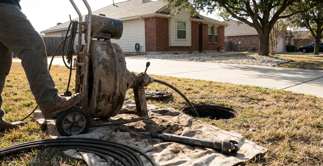 An open sewer cleanout in a front lawn with a sectional cable machine positioned over it and a spoil sheet laid on the grass